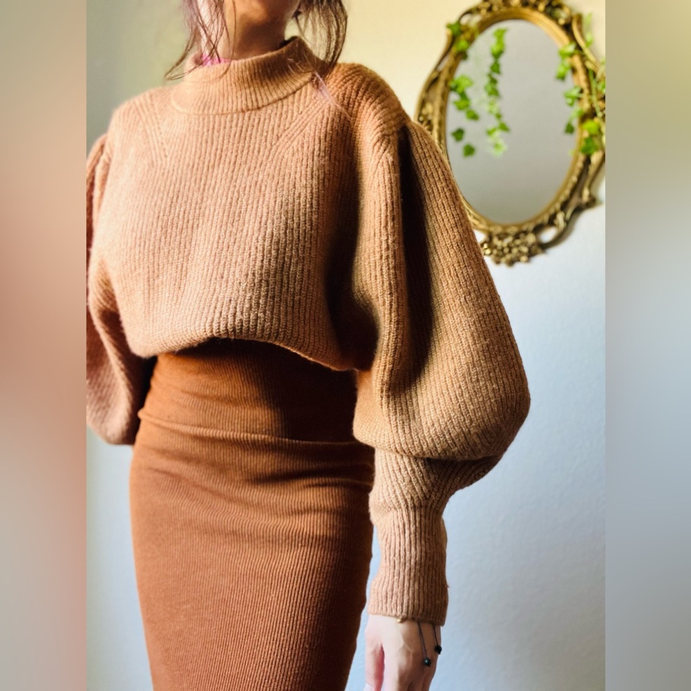 Topshop Bubble Sleeve Tan Sweater Sz 4/6